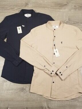 Father Sons Stretch Slim Fit Shirts Mens Medium NWT Two Pair Tan Navy Blue